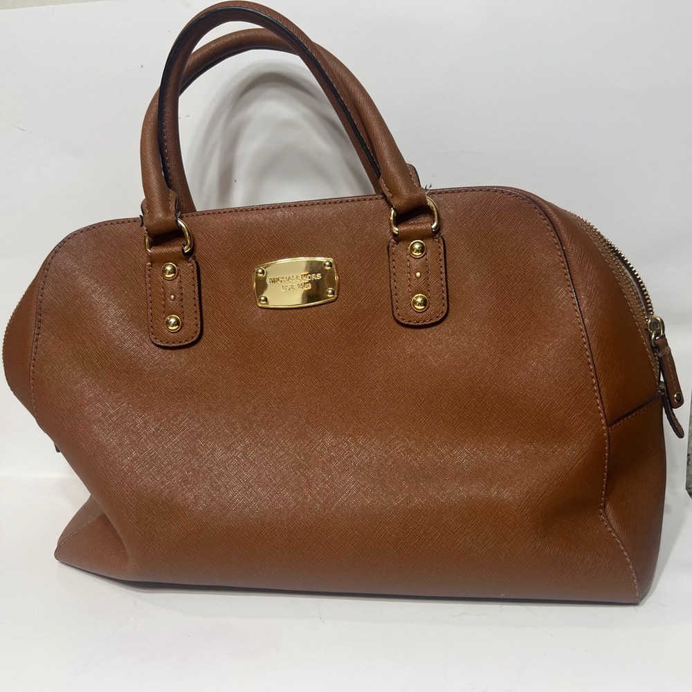 Michael Kors Riley Satchel Luggage Brown Saffiano Leather Gold Hardware Handbag